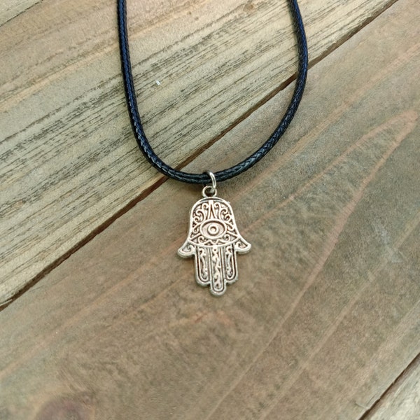 Hamsa Hand Necklace, Spiritual Hamsa Hand Jewelry, Hamsa Hand Evil Eye Charm Choker Necklace, Rainbow Cord Necklace, Black Cord Necklace