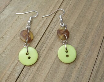 Button Earrings, Green and Brown Button Jewelry, Dangle Earrings
