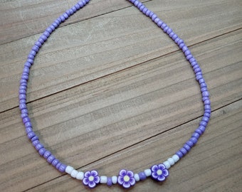 Purple Flower Beaded Choker Necklace, Seed Bead Choker, Flower Choker, Preppy Necklace