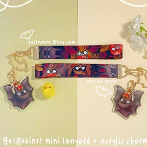 Llavero con cordón de acrílico Go! Robins! Llavero con colgante de murciélago y petirrojo / Lindo llavero de superhéroe con mini cordón, accesorio para mochila