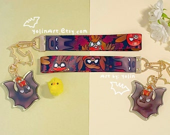 Go!Robins! Mini Lanyard with Bat & Robin Acrylic Charm: Superhero Batfamily Keychain Bag Accessory