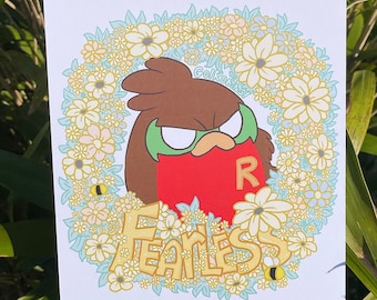 A5 Kunstdruck Damain Robin Superhero: Blumen Text Fearless Illustration
