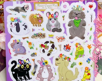 Flower Crown Pet Clear Mini Sticker sheet: Kawaii dog, cat, bunny Stickers for Planners