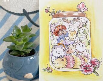 Bottle full of Creatures - A5 Prints (Cute and fuzzy creatures in a jar, watercolor illustration, original fantasy art print)