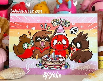 Happy Birthday Postcard Go!Robins! Bday bird | Cute rainbow art Superhero Robins Jaybird Celebration RedHood Batbrothers party time fun Gift