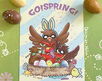 Go!Robins! Go! Spring! - Happy Easter Postcard (colorful eggs, birdnest, robin brothers and Jaybird, celebreate Spring with a unique card!)