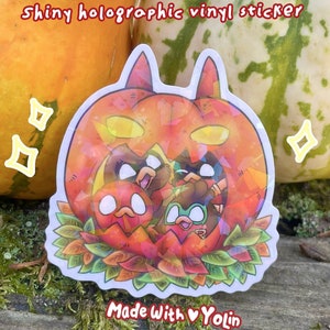 Adesivo de vinil holográfico Go! Robins! Jack O'Lantern - arte fofa de pássaro de super-herói, abóbora, outono, assustador, Halloween - decoração para diário e planejador de laptop