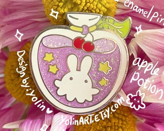 Magical Jelly Bunny Potion and Little Stars - Glitter Silver Hard Enamel Pin (Cute, original, fantasy enamelpin, jellyfish, magic apple jar)