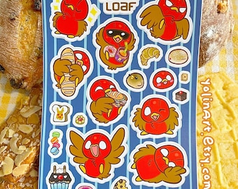 Sticker Sheet: Go!Robins! Jaybird | Blue Design cute bread, muffin, sweet treats food stickers, Robin artwork for journaling, birthday gifts