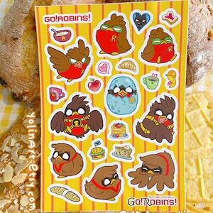 ステッカーシート Go!Robins! 朝食のスーパーヒーロー | ロビンバードのかわいいフードアートステッカー、日記、ご褒美、プランナー、メモ、デコレーション、ギフトに