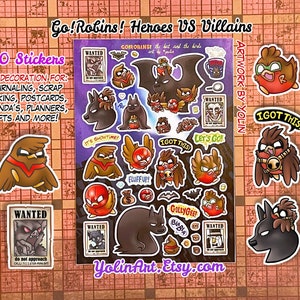 Foglio di adesivi Go!Robins! Eroi contro cattivi / simpatici supereroi pettirossi uccelli pipistrelli lotta al crimine adesivi Art Déco a fumetti per regali di journaling
