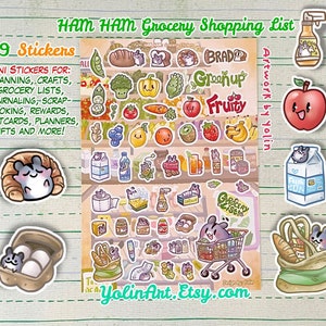 Sticker Sheet Grocery Shopping HAM HAM the Hamster 49 mini stickers | Supermarket Fruit Vegetables Kawaii food art | bujo bullet journaling