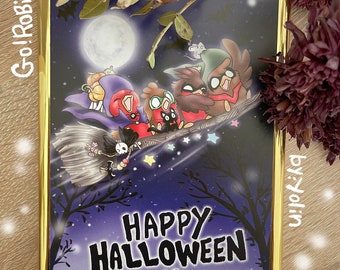 Go!Robins! Happy Halloween Postcard - (spooky season, magic witch broom, cute robin, trick r treat celebration, fall vibes, superhero birds)