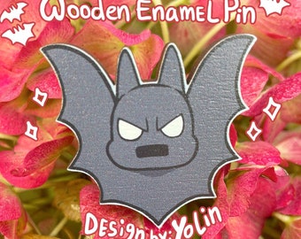 Go!Robins! Batfamily: The Big Bat - Cute Wooden Pin (accessories, grey cartoon bat, itabag, superhero, pin badge collection, fun gift)