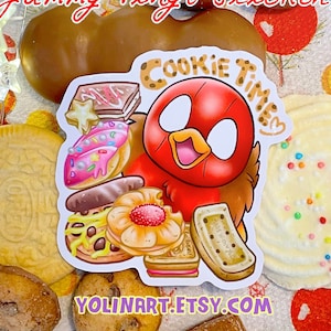Sticker vinyle brillant Go!Robins! Cookie Time Jason taille moyenne | Adorable oeuvre d'art culinaire avec des biscuits à l'heure du thé avec le Robin des super-héros à offrir et à tenir un journal
