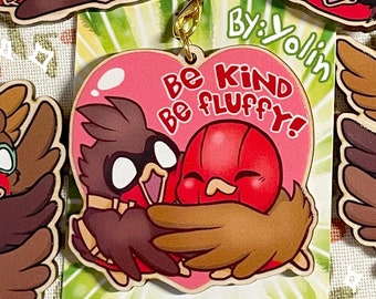 Go!Robins! Batfamily: Be Kind Be Fluffy - Tim & Jaybird Wooden Charm (cute superhero bird decoration, heart, hug, warm Valentine's gift art)