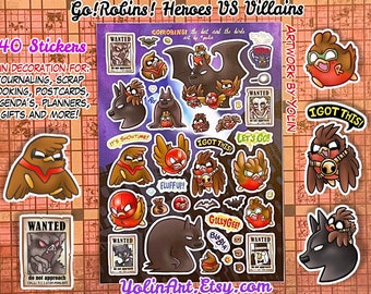 Go!Robins! Batfamily Sticker Sheet: Robin Bat Superhero vs Villains Comic Art - 40 Stickers