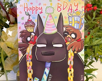 Go!Robins! Happy Birthday Papa Bats! Postcard (grumpy bat, robin, cute art, round corners, fun and original birthday wish, cute stationary)