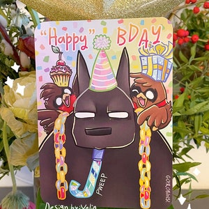 Feliz aniversário, papai morcego! Cartão postal Go!Robins! | Arte do pai morcego e Robins com cantos arredondados | Comemoração do dia dos pais Papelaria fofa da Batfam