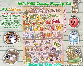 HAM HAM Hamster Grocery Shopping Sticker Sheet: 49 small Kawaii Food Stickers Journaling Planners