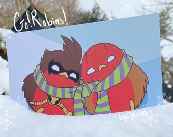 Art Print Bat Brothers Robin Tim & Red Hood Jason: Fluffy Winter Birds illustration (A5)