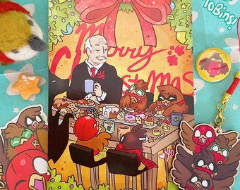 Go!Robins! Merry Christmas - Festive table postcard (cute Robin birds art, winter season / holiday, dinner table, warm wishes, happy mail)