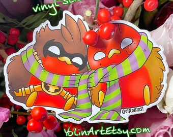 Go!Robins! Cozy Bros: Red Robin and Red Hood  - Matte Vinyl Sticker (cute fluffy birds art, autumn, winter, journaling, planner, cute gift)