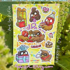 Folha de adesivos Go!Robins! Happy Party Birds | Adesivos fofos de aniversário de pássaros Robin fofos para presentes | decostickers super-heróis arte diário