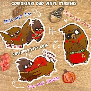 Go!Robins! Adesivos de vinil fofos, 3 designs para escolher! | decoração para diário, presentes para laptop | arte dos irmãos morcegos Robin, seja gentil, seja fofo