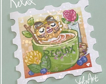 Big Stamp Sticker: Relaxing Tea Time Tiger - Glitter Vinly Sticker (cute cartoon art, sparkly, happy teacup, journaling, gift, ipad, laptop)