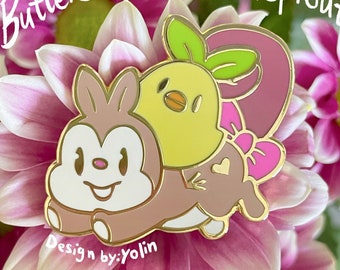 Butterscotch and Beansprout: Adventure Buddies! - Hard Enamel Pin (kawaii animal gold pin, squirrel, chick, friendship, cute accessory)