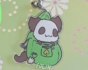 Lucky Charm: Panda cat Cha Mao travels with you! (acrylic charm, little green backpack design, kawaii accessories, cute strap, original art)