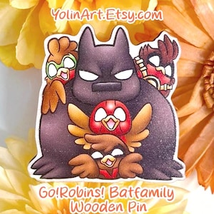Go!Robins! The Batfamily Wooden Pin and Keychain | Cute robin birds bat collector pin badge Itabag accessory hanger comic Superhero art Gift