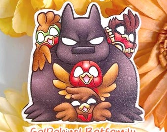 Go!Robins! The Batfamily Wooden Pin and Keychain | Cute robin birds bat collector pin badge Itabag accessory hanger comic Superhero art Gift
