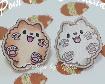 Pom Pom Girl - 2 Cute Wooden Pins (cheerleader with cream and white pomeranians, cute, unique pin design for pet and dog lovers!)