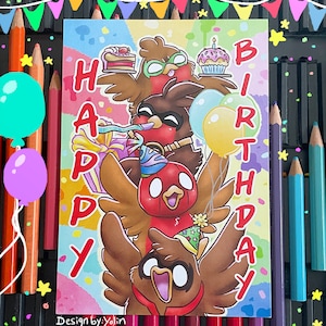 Alles Gute zum Geburtstag Karte Go!Robins! Rotkehlchenbande | bunte niedliche Superhelden, Feier-Party-Postkarte Ihrer Lieblingsvogelbrüder!
