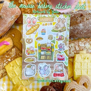 Feuille d'autocollants Little Mouse Bakery | Biscuit mignon de gâteau de pain d'art de nourriture - petits autocollants de souris pour l'agenda de scrapbooking, décoration et cadeaux