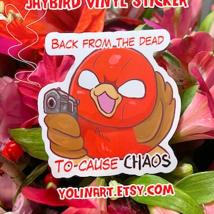 Adesivo de vinil brilhante Go! Robins! De volta dos mortos para causar o caos Jaybird | Pássaro super-herói de tamanho médio, Chapeuzinho Vermelho, drama, meme, diário, presentes