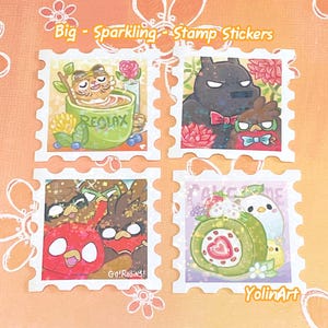 Glitter Stamp Vinyl Stickers: Matcha Roll Cake, Teacup Tiger - Kawaii Holographic Bujo Decoration