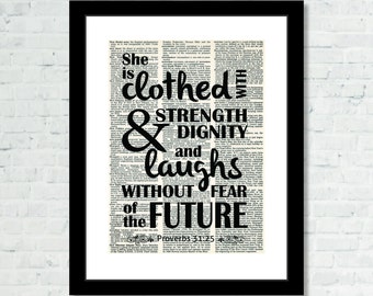 Scripture illustration Inspiring lifestyle illustration 8x10 print She is clothed with strength and dignity Proverbs 31 Quote