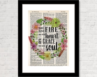 She Has Fire In Her Heart And Grace In Her Soul - Print Only - Flowers and Feathers Wreath - Green - Boho Wall Art -  Dictionary Page Art