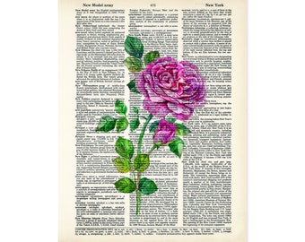 Pink Rose Art Vintage Botanical Print - Eco Friendly -  Dictionary Page Art