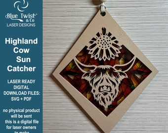 Highland Cow Suncatcher, Laser Cut Gifts, SVG PDF, Laser Cutting, Glowforge, SVG Cut File, Wood and Acrylic Laser Art