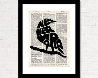 Nevermore - Edgar Allan Poe -  Raven with Nevermore in bird - Dictionary Art Print