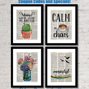 May include: Four framed prints with inspirational quotes and watercolor illustrations. The prints feature a cactus, a cup of coffee, a bouquet of flowers in a mason jar, and a feather with birds flying above it. The prints are all set against a background of vintage dictionary pages.