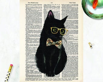 Black Kitten with Bow Tie and Glasses Kitten Print Cat Print Cat Lady Gift Gift for Cat Lover Dictionary Print Dictionary Page Art
