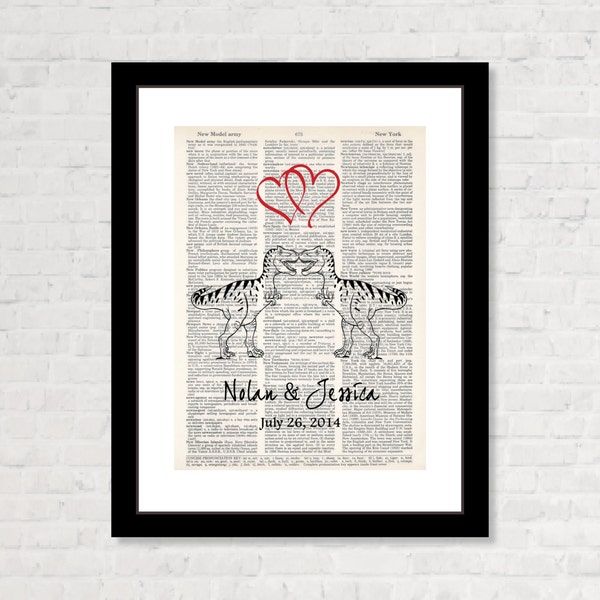 T Rex Dinosaur Couple with Name and Date Wedding, Shower, Anniversary, Couples Gift, Valentines Day Gift Dictionary Art Print Tyrannosaurus