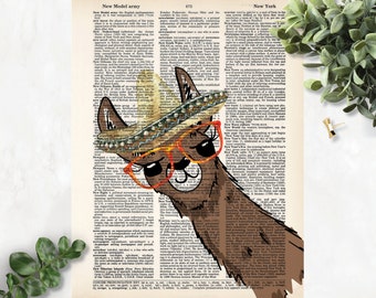 Llama Sombrero Glasses, Art Print, Llama Print, Llama Wall Art, Llama Art,  Llama Lover Gift, llamas, Dictionary Page Art, Eco Friendly Gift