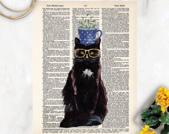 Tea Party Cat Black Cat with Teacup on its Head and Glasses Printed on Dictionary Page Dictionary Page Art Cat Print