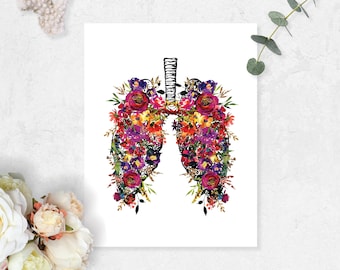 Anatomical Lungs with Watercolor Flowers in Pinks, Purples, and Yellows  Print 8.5x11 inches